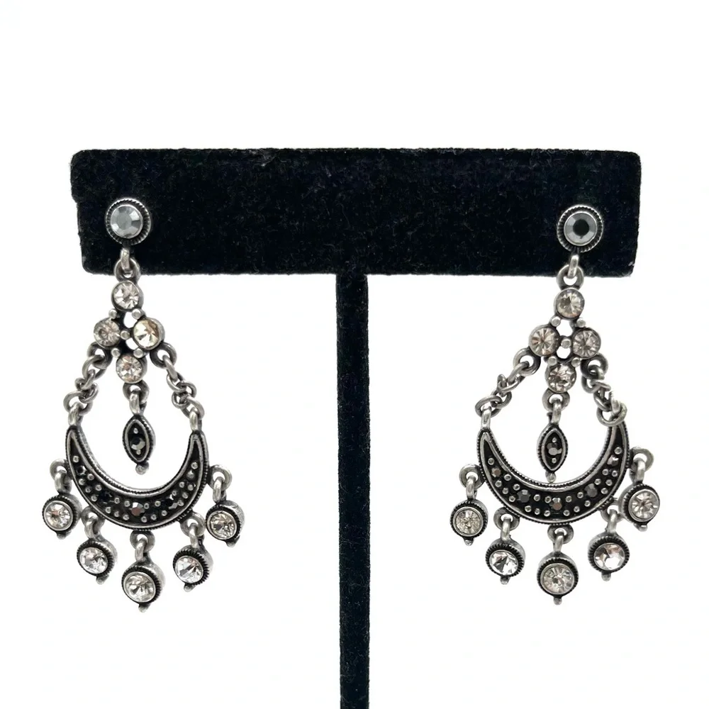 Chandelier Earrings w/ Crystal and Metal stones on Silver-tone